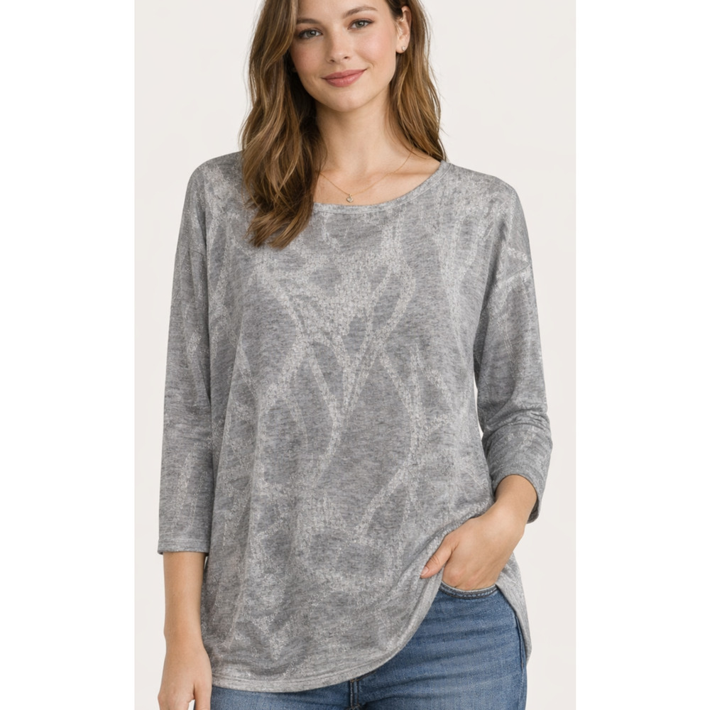 WHBM Silver Metallic Top Womens Medium 3/4 Sleeve Sheer Knit Gray Abstract Shiny